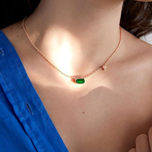 Emerald Rectangular Star Rose Silver Gold CZ Brass Pendant Chain Bulk