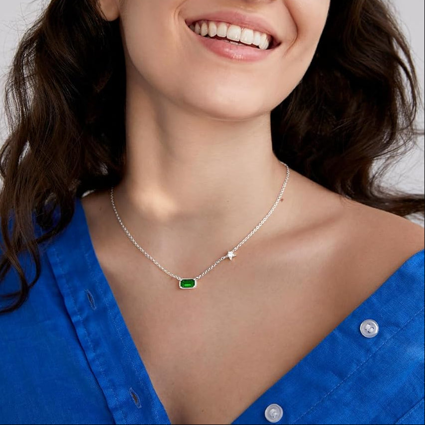 Emerald Rectangular Star Rose Silver Gold CZ Brass Pendant Chain Bulk
