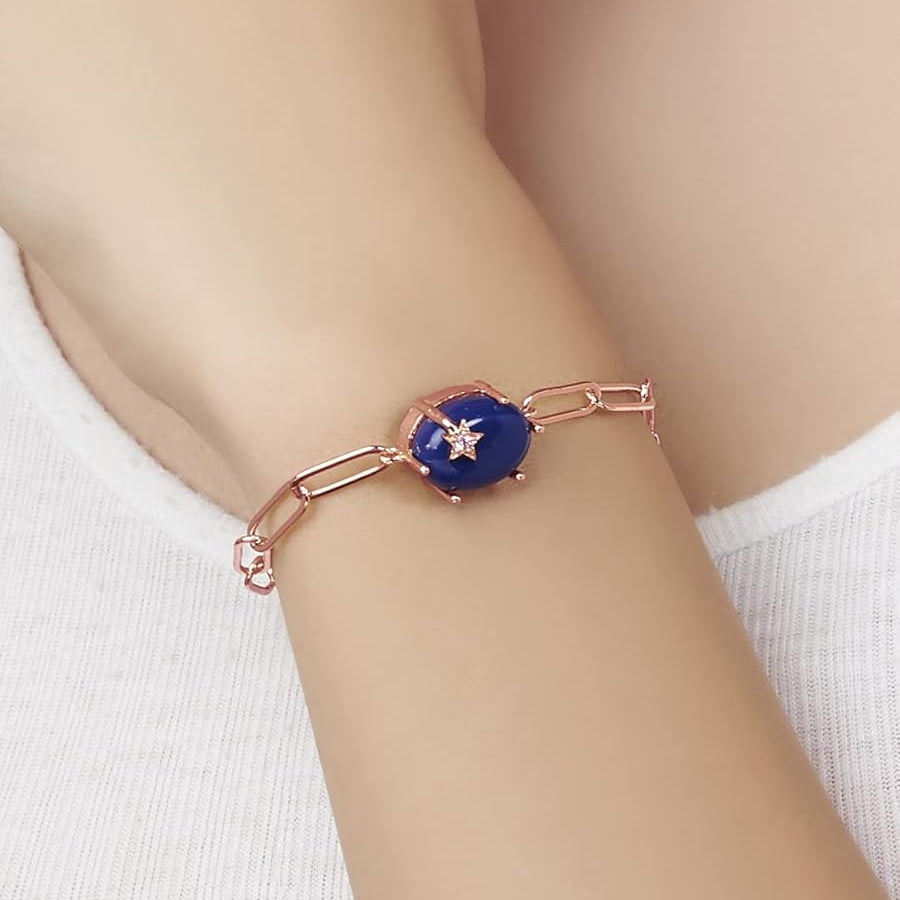Round Blue with Star Rose Silver Yellow Gold CZ Brass Bracelet Bulk