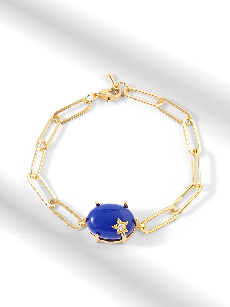 Round Blue with Star Rose Silver Yellow Gold CZ Brass Bracelet Bulk