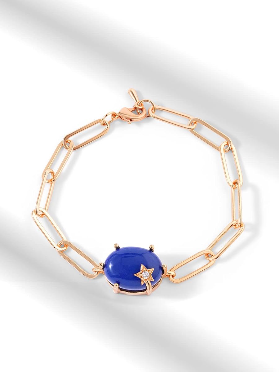 Round Blue with Star Rose Silver Yellow Gold CZ Brass Bracelet Bulk