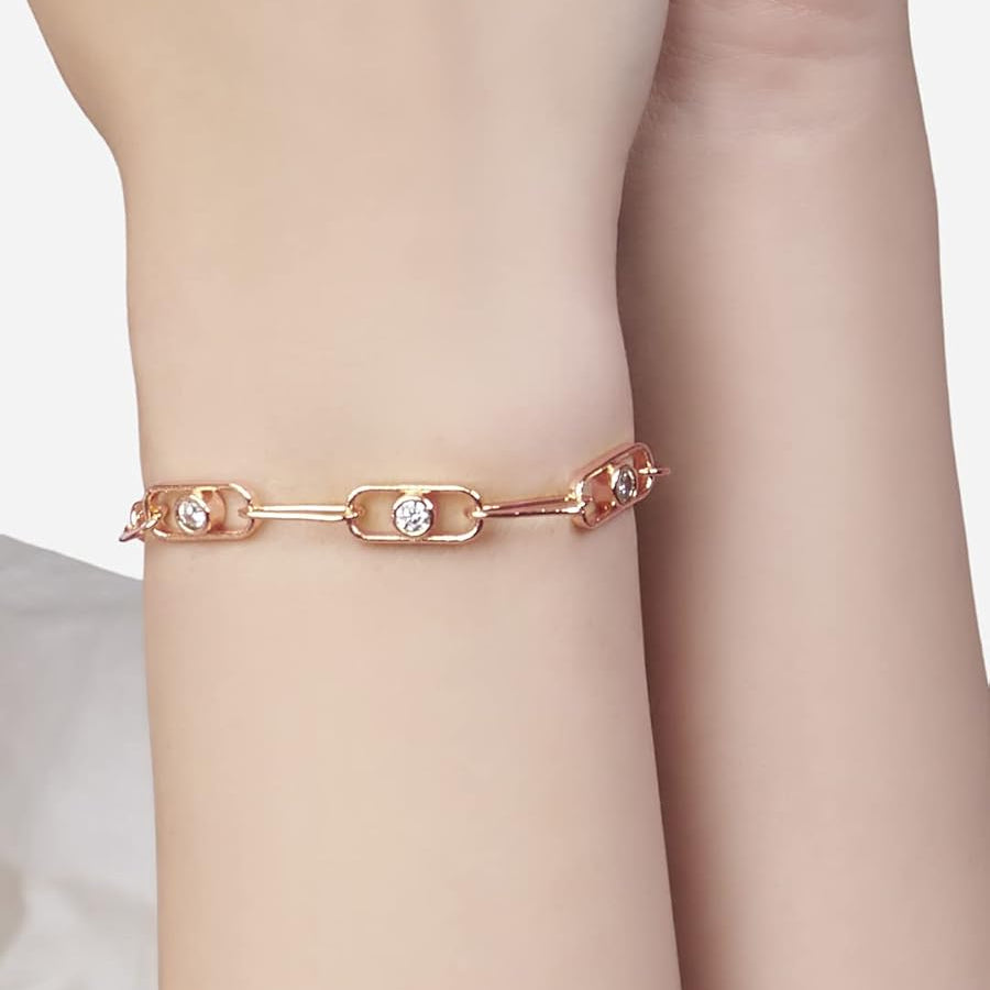 Minimal Design Oval Link Chain Rose Silver Gold CZ Brass Bracelet Bulk