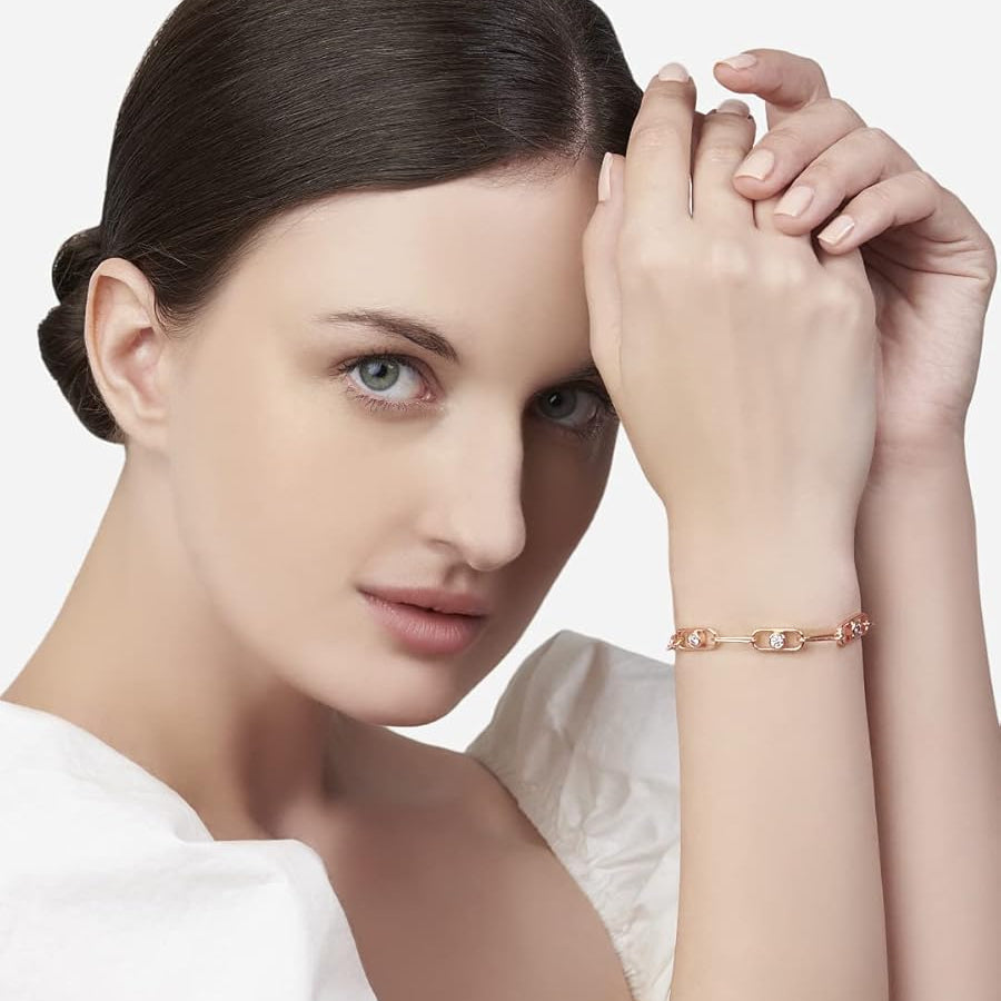 Minimal Design Oval Link Chain Rose Silver Gold CZ Brass Bracelet Bulk