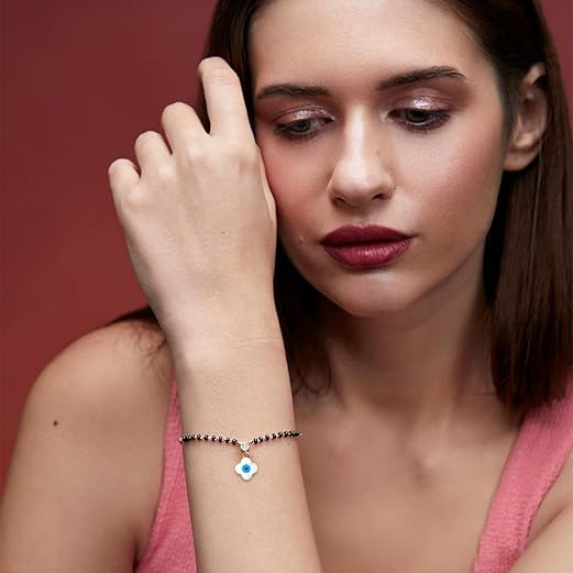 Designer Evil Eye Charm Black Beads Rose Silver Gold Brass Bracelet Bulk