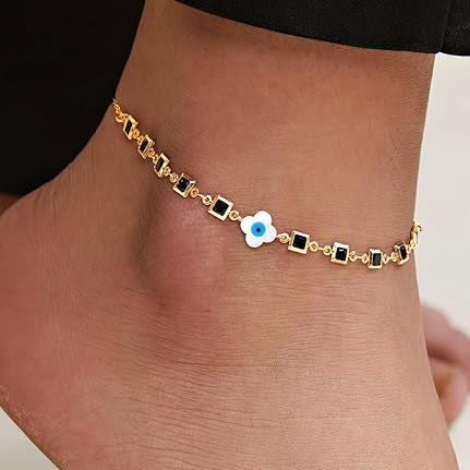 Square Black Stone Evil Eye Rose Silver Gold Enamel Brass Anklets Bulk Secondary image