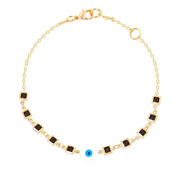 Square Black Stone Evil Eye Rose Silver Gold Enamel Brass Anklets Bulk