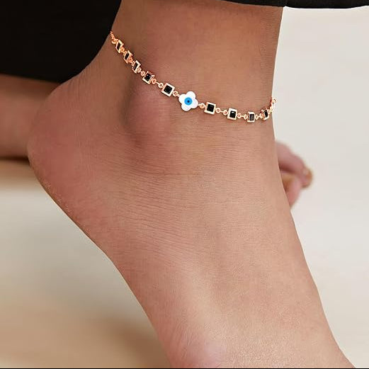 Square Black Stone Evil Eye Rose Silver Gold Enamel Brass Anklets Bulk