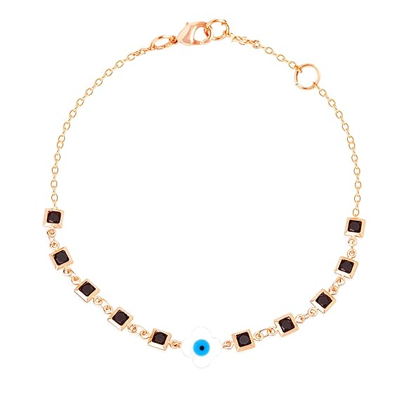 Square Black Stone Evil Eye Rose Silver Gold Enamel Brass Anklets Bulk