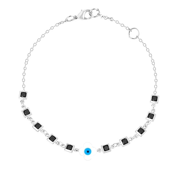 Square Black Stone Evil Eye Rose Silver Gold Enamel Brass Anklets Bulk