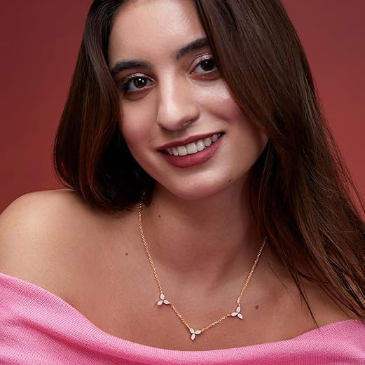 Delicate Floral Leaf Chain Rose Silver Gold CZ Brass Necklace Bulk Secondary image