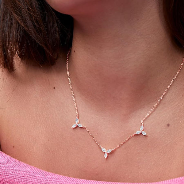 Delicate Floral Leaf Chain Rose Silver Gold CZ Brass Necklace Bulk Main image