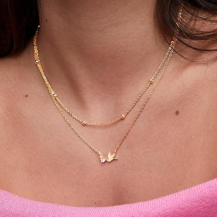 Delicate Layered Chain Bird Rose Silver Gold CZ Brass Necklace Bulk Secondary image