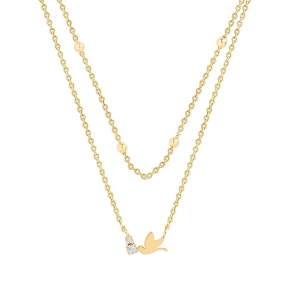 Delicate Layered Chain Bird Rose Silver Gold CZ Brass Necklace Bulk