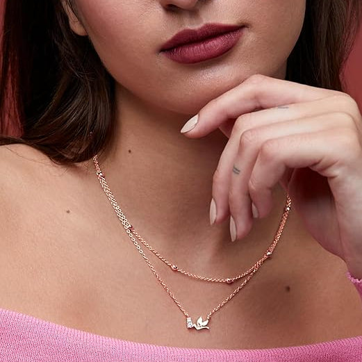 Delicate Layered Chain Bird Rose Silver Gold CZ Brass Necklace Bulk Main image