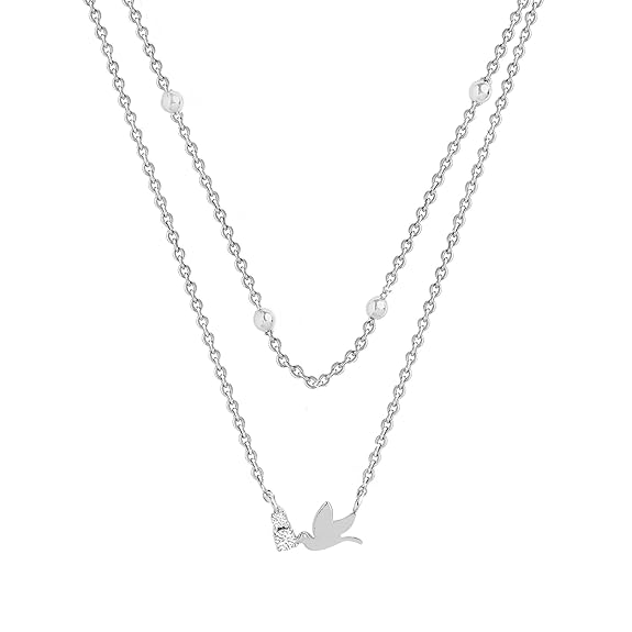 Delicate Layered Chain Bird Rose Silver Gold CZ Brass Necklace Bulk