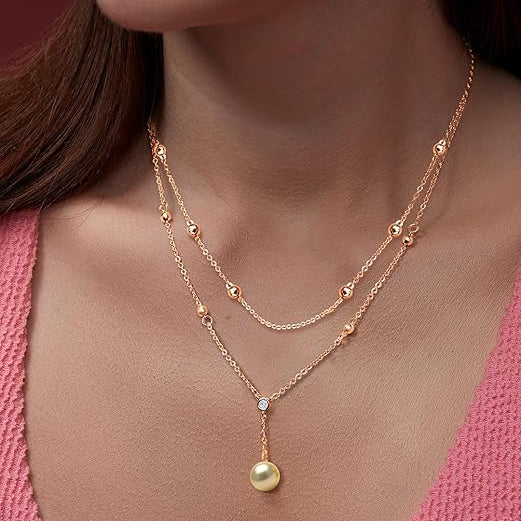 Dainty Double Layer Rose Silver Gold CZ Pearl Brass Necklace Wholesale Main image