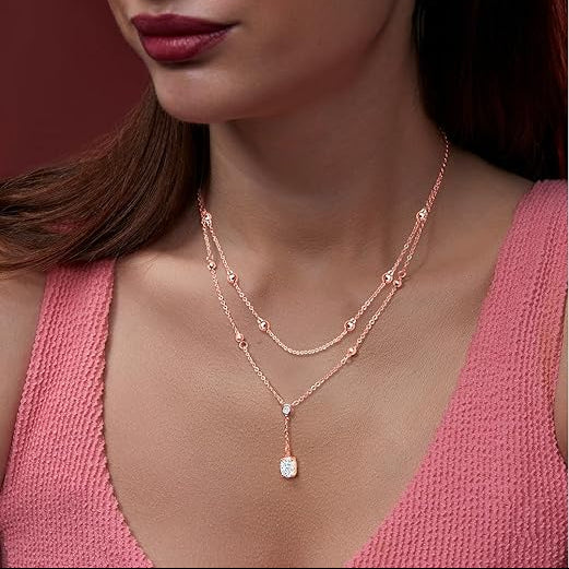 Delicate Two-Layer Rose Silver Gold CZ Anti Tarnish Brass Necklace Bulk Main image