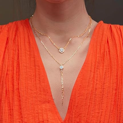 Layered Lariat Chain Rose Silver Gold Plated CZ Brass Necklace Bulk Secondary image