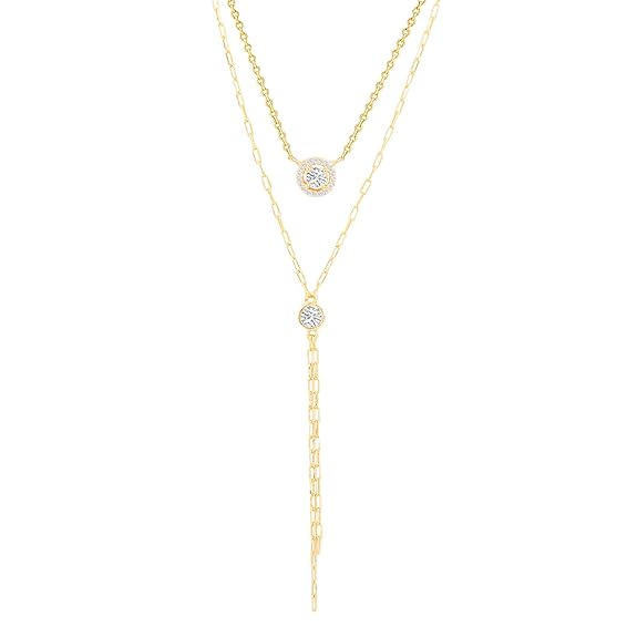 Layered Lariat Chain Rose Silver Gold Plated CZ Brass Necklace Bulk