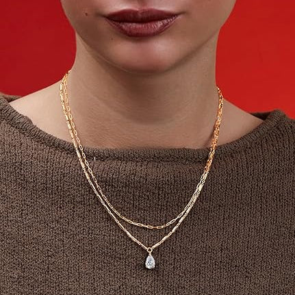 Layered Chain Teardrop Charm Rose Silver Gold CZ Brass Necklace Bulk