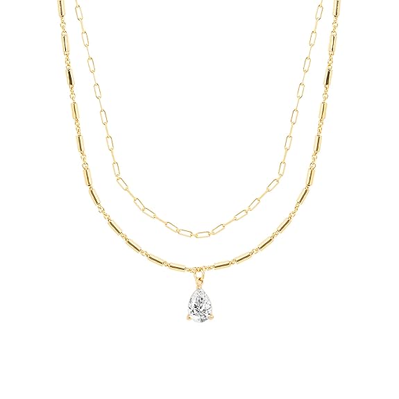Layered Chain Teardrop Charm Rose Silver Gold CZ Brass Necklace Bulk