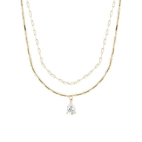 Layered Chain Teardrop Charm Rose Silver Gold CZ Brass Necklace Bulk