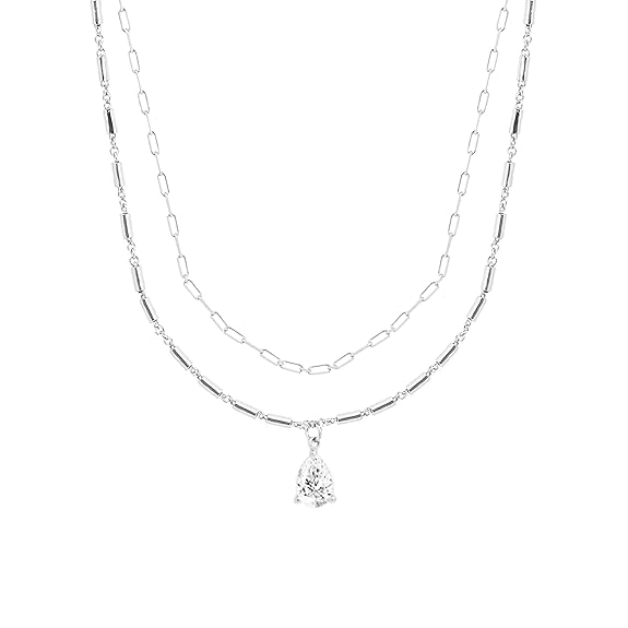 Layered Chain Teardrop Charm Rose Silver Gold CZ Brass Necklace Bulk