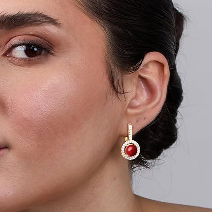 Red Coral Stone Rose Silver Gold Plated CZ Brass Hoop Earrings Bulk Secondary image