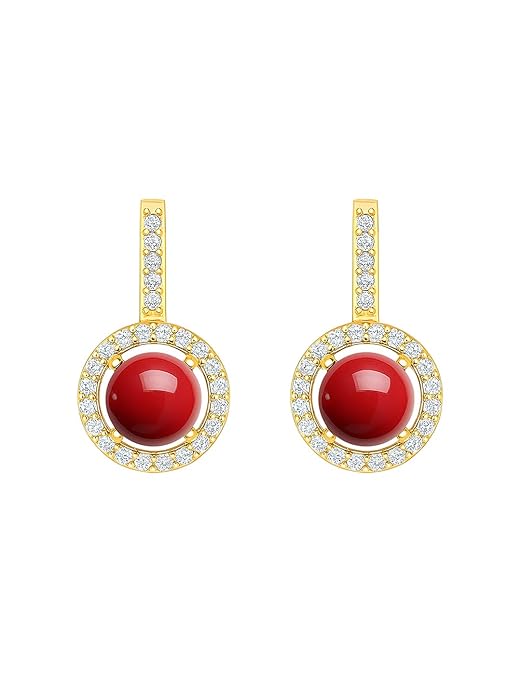 Red Coral Stone Rose Silver Gold Plated CZ Brass Hoop Earrings Bulk