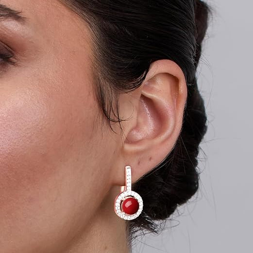 Red Coral Stone Rose Silver Gold Plated CZ Brass Hoop Earrings Bulk Main image