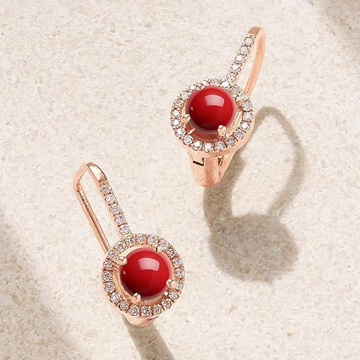 Red Coral Stone Rose Silver Gold Plated CZ Brass Hoop Earrings Bulk