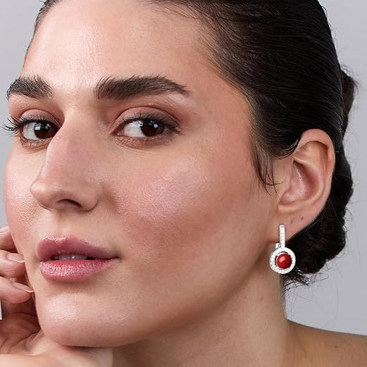 Red Coral Stone Rose Silver Gold Plated CZ Brass Hoop Earrings Bulk