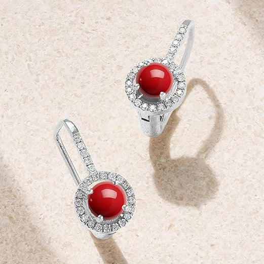 Red Coral Stone Rose Silver Gold Plated CZ Brass Hoop Earrings Bulk