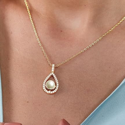 Pearl Teardrop Rose Silver Gold CZ Anti Tarnish Brass Necklace Bulk Secondary image