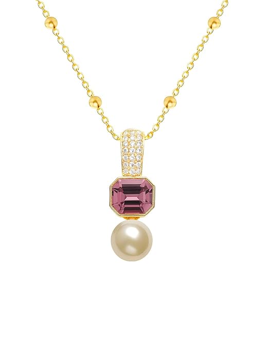 Elegant Dual Charm Rose Silver Gold Plated CZ Pearl Brass Necklace Bulk