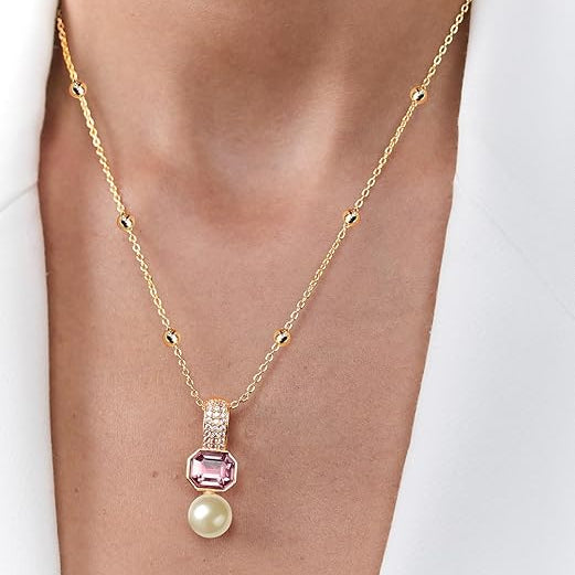 Elegant Dual Charm Rose Silver Gold Plated CZ Pearl Brass Necklace Bulk Main image