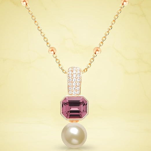 Elegant Dual Charm Rose Silver Gold Plated CZ Pearl Brass Necklace Bulk