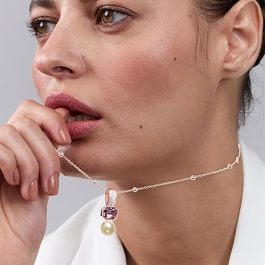 Elegant Dual Charm Rose Silver Gold Plated CZ Pearl Brass Necklace Bulk