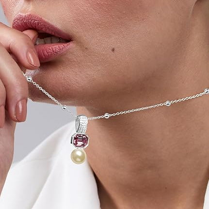 Elegant Dual Charm Rose Silver Gold Plated CZ Pearl Brass Necklace Bulk Secondary image