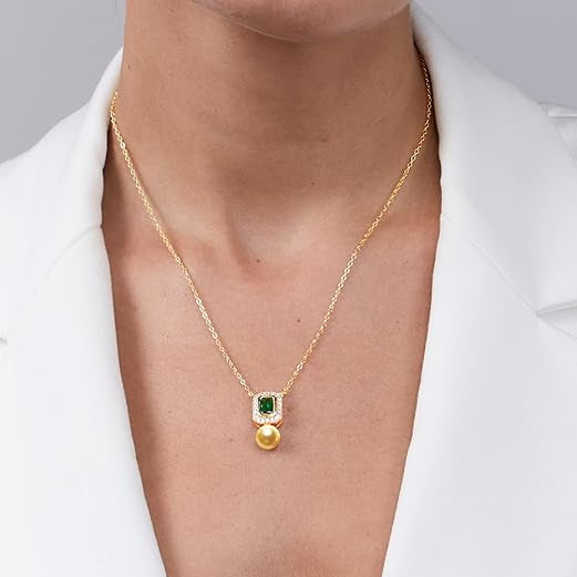 Emerald Green Stone Rose Silver Gold CZ Pearl Brass Necklace Wholesale Main image