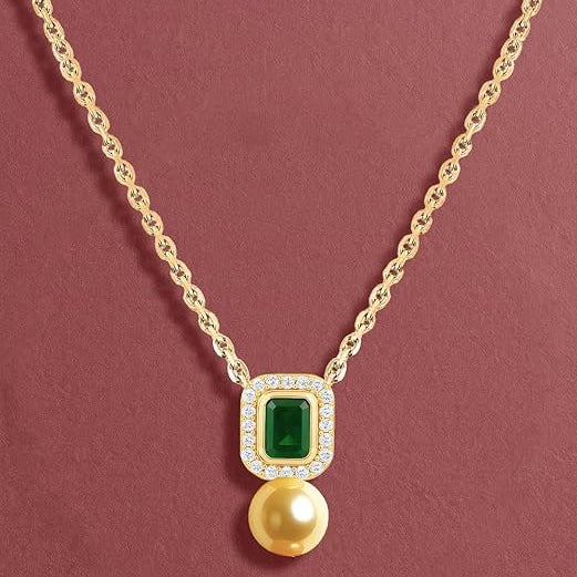 Emerald Green Stone Rose Silver Gold CZ Pearl Brass Necklace Wholesale