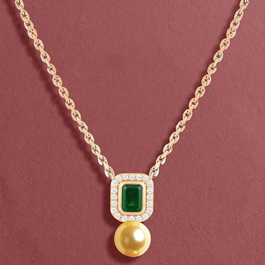 Emerald Green Stone Rose Silver Gold CZ Pearl Brass Necklace Wholesale