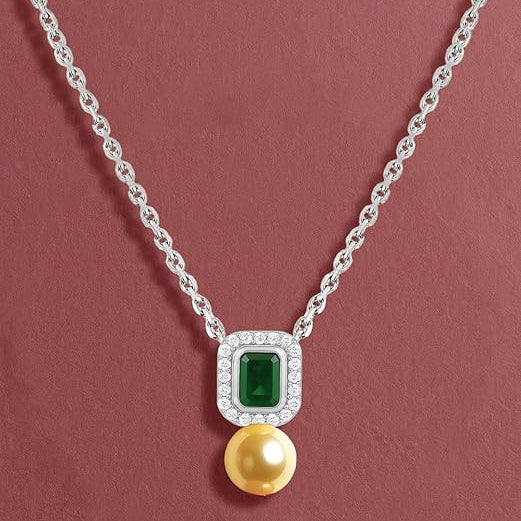 Emerald Green Stone Rose Silver Gold CZ Pearl Brass Necklace Wholesale