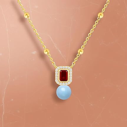 Square Halo Design Blue Pearl Rose Silver Gold CZ Brass Necklace Bulk