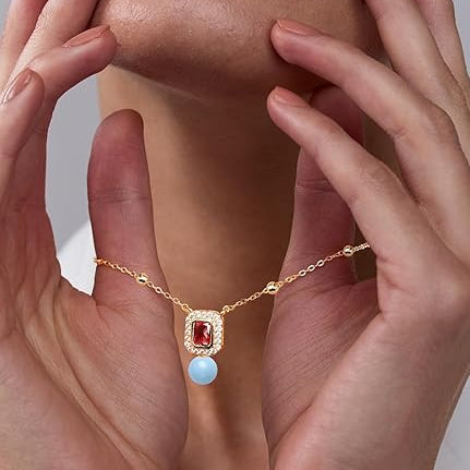 Square Halo Design Blue Pearl Rose Silver Gold CZ Brass Necklace Bulk Main image