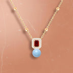 Square Halo Design Blue Pearl Rose Silver Gold CZ Brass Necklace Bulk