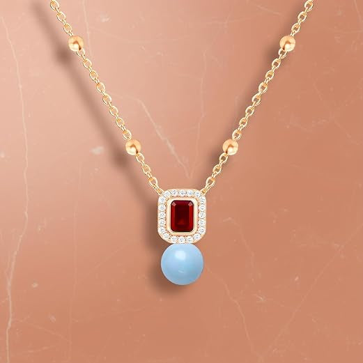 Square Halo Design Blue Pearl Rose Silver Gold CZ Brass Necklace Bulk