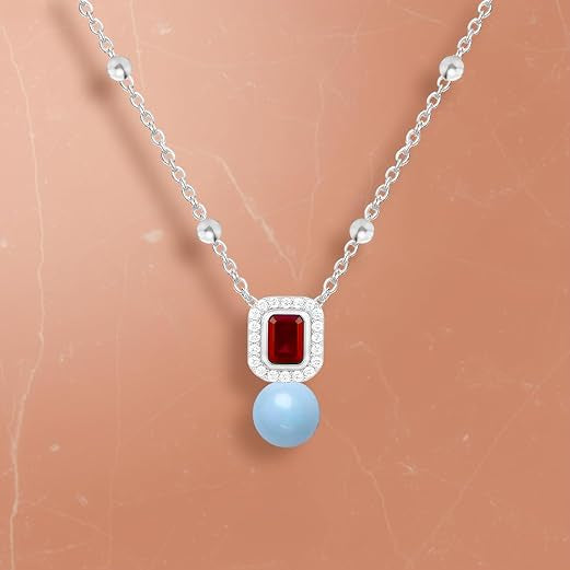 Square Halo Design Blue Pearl Rose Silver Gold CZ Brass Necklace Bulk
