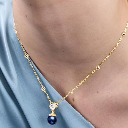 Designer Dark Blue Pearl Rose Silver Gold Plated CZ Brass Necklace Bulk Main image