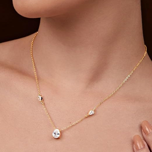 Elegant Pear Cut Rose Silver Gold CZ Anti Tarnish Brass Necklace Bulk Main image
